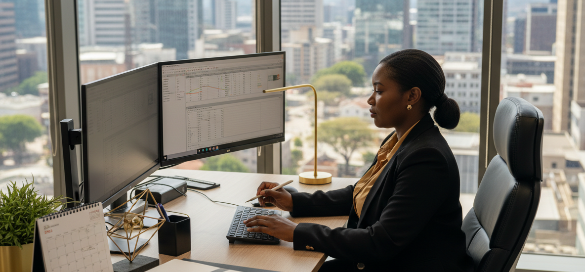 Payroll administrator working in a modern Johannesburg office