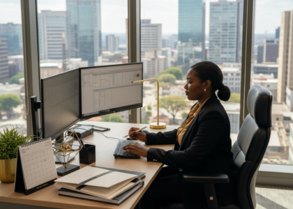 Payroll administrator working in a modern Johannesburg office