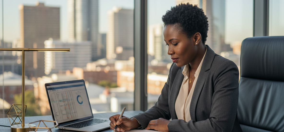 Tax professional reviewing compliance documents in a Johannesburg office