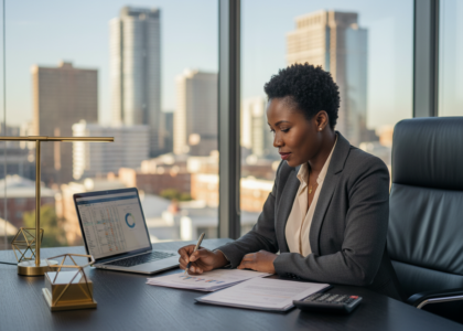 Tax professional reviewing compliance documents in a Johannesburg office