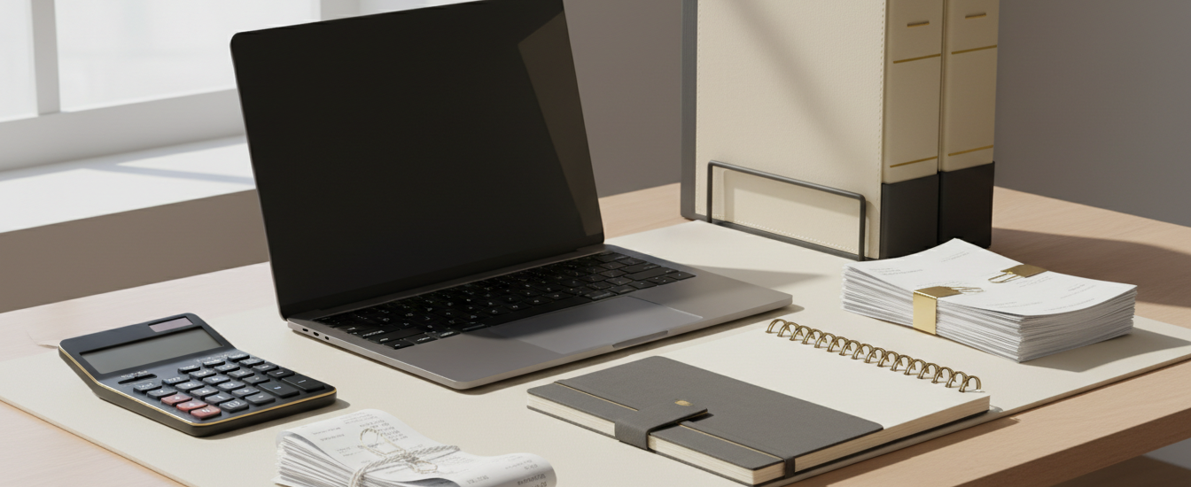 Organised bookkeeping desk with laptop, calculator and business records