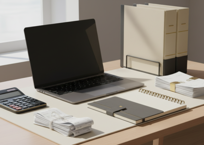 Organised bookkeeping desk with laptop, calculator and business records