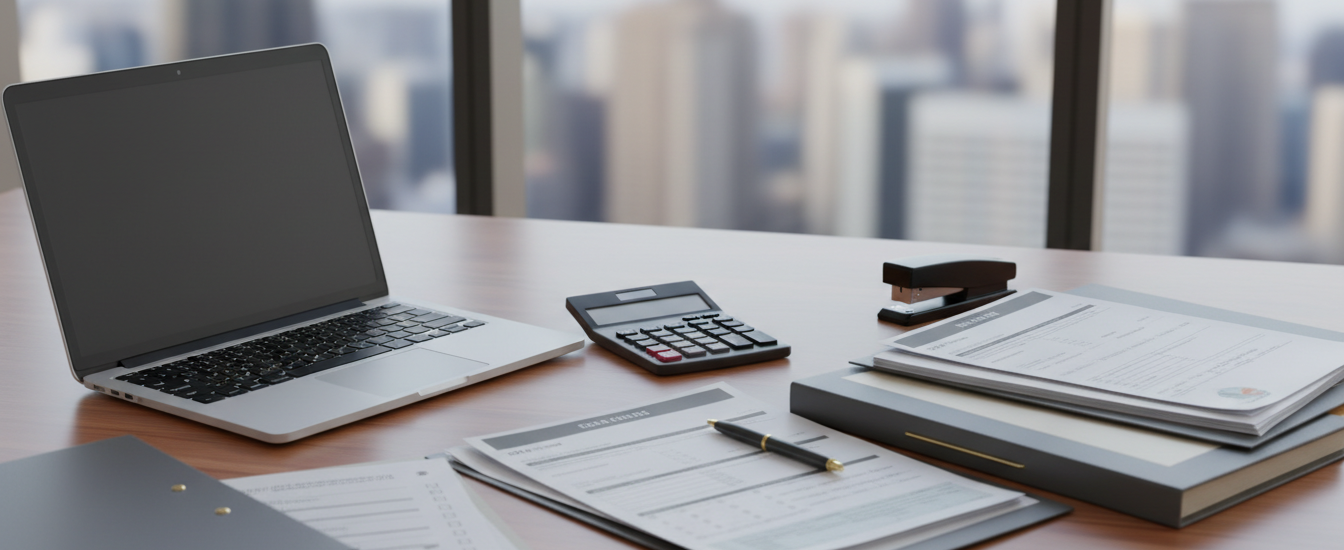 Organised tax compliance desk with laptop, calculator and business records