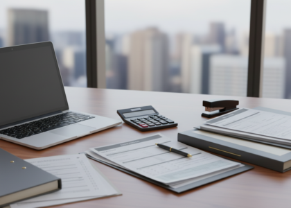 Organised tax compliance desk with laptop, calculator and business records
