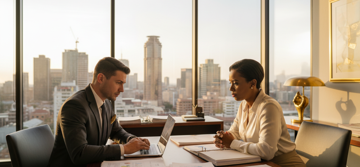Tax consultant meeting with a business owner in a Johannesburg office