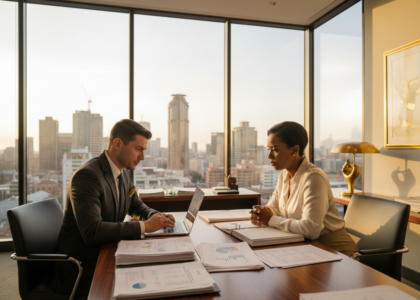 Tax consultant meeting with a business owner in a Johannesburg office